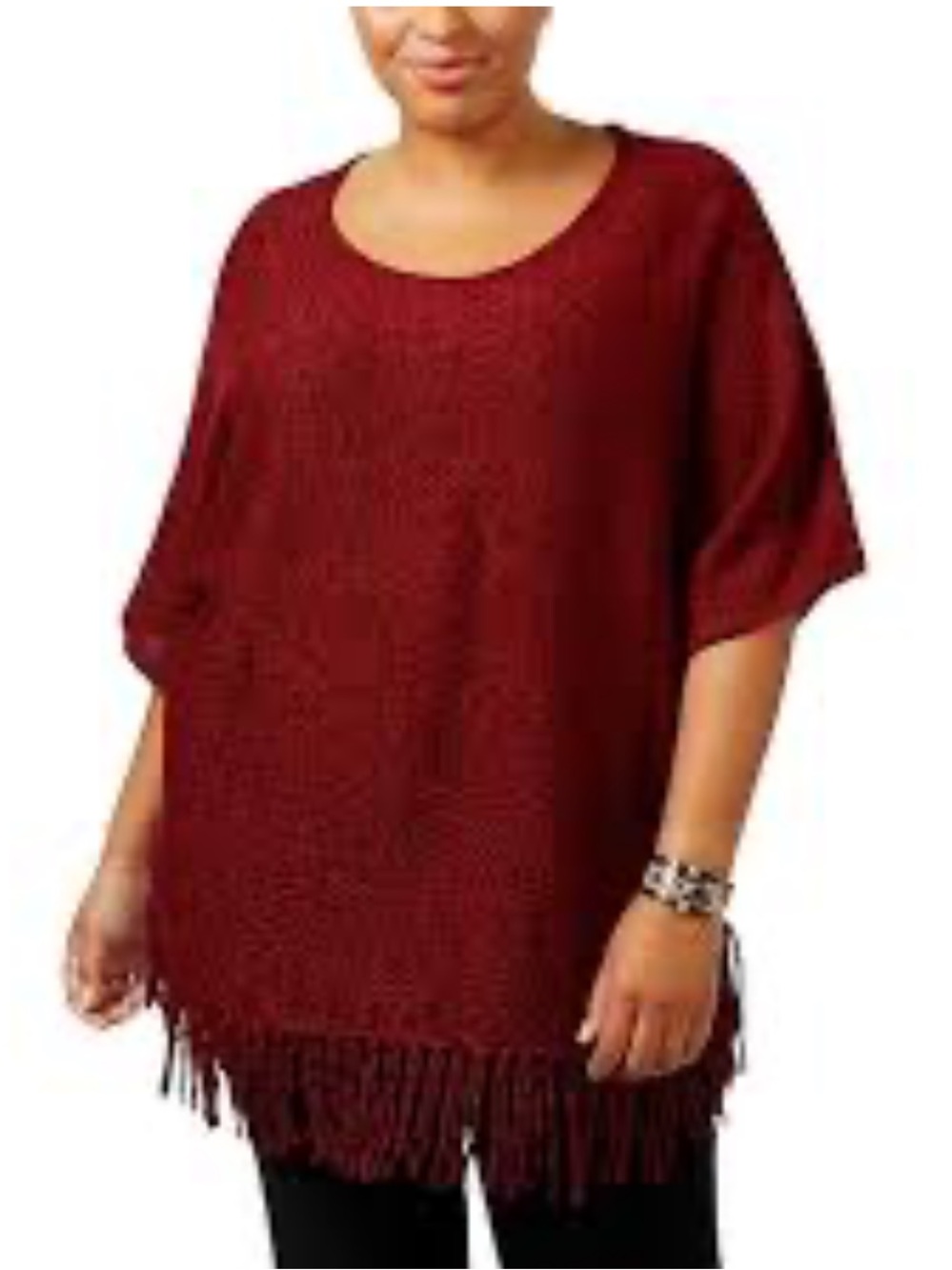 NWT NY Collection Plus Size Fringe Poncho Sweater Burgundy Red Boho Cozy 2X